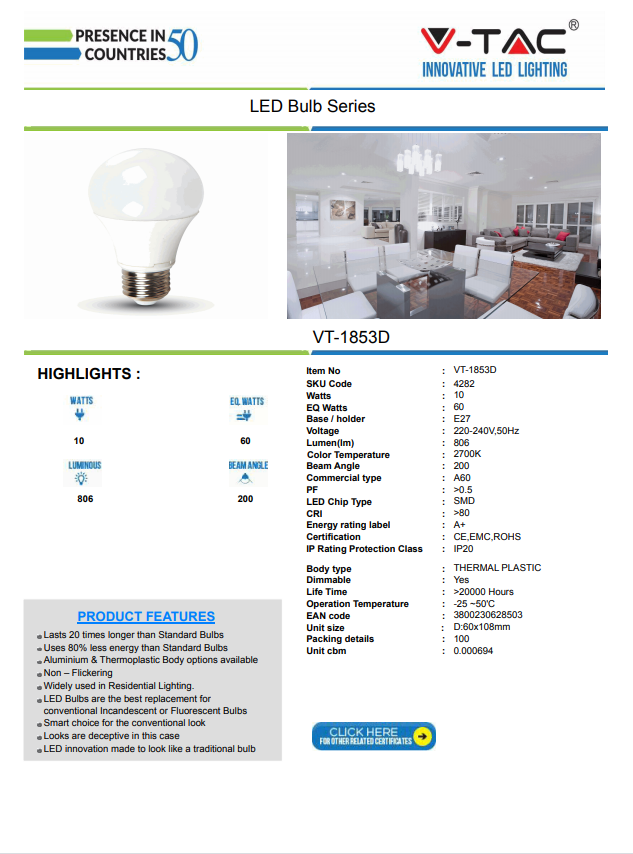 V-TAC LED ŽARULJA A60/E27/10W/2700K/806lm/220-240V
