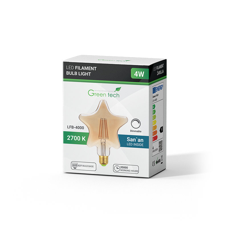 LED filament žarulja Green Tech 4W, 2700K, E27, AC220V, amber, dimabilna
