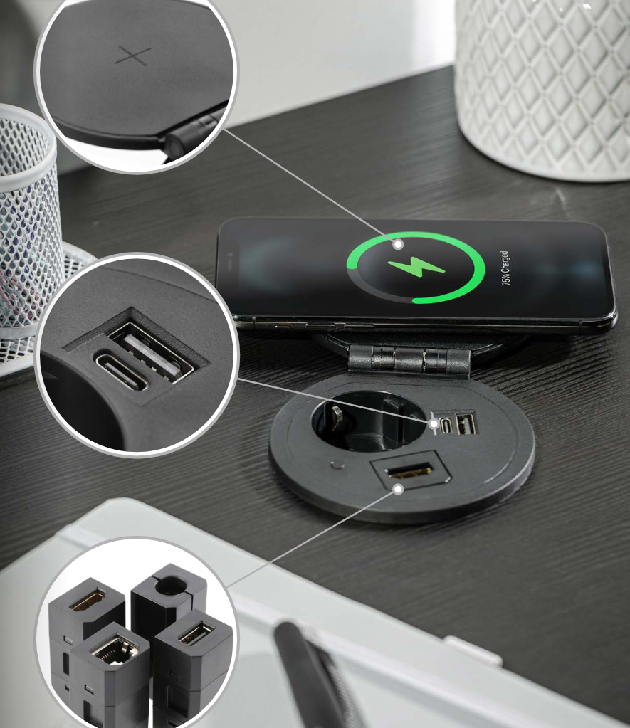 KONZOLA PRIKLJUČNA ŠUKO USB A+C,A,HDMI,RJ45 WIRELESS PUNJAČ CRNA CHARGER PLUS CRNA