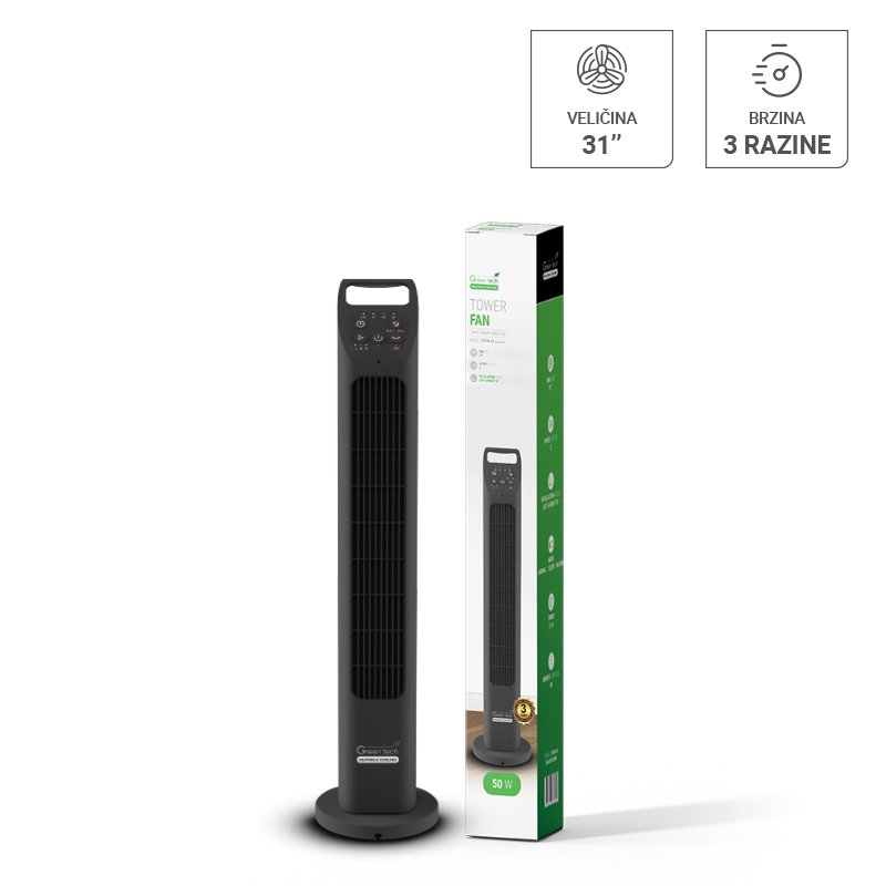 Samostojeći ventilator Green Tech 50W, 31&quot;, timer, crna boja