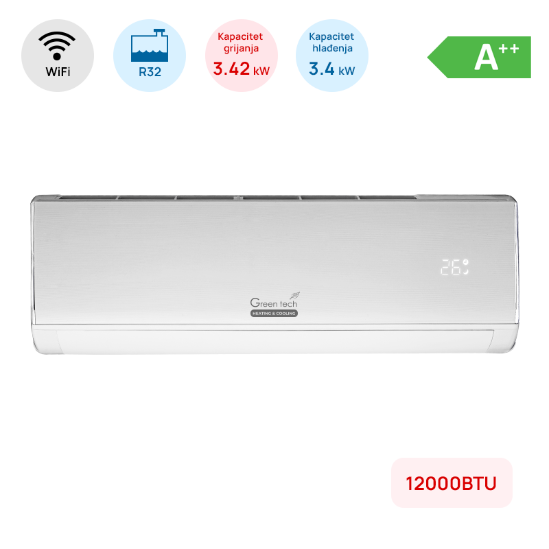 Klima Green Tech 12000BTU, 3.4kW, A++, R32, -15°C ~ 53°C, WiFi, bijela