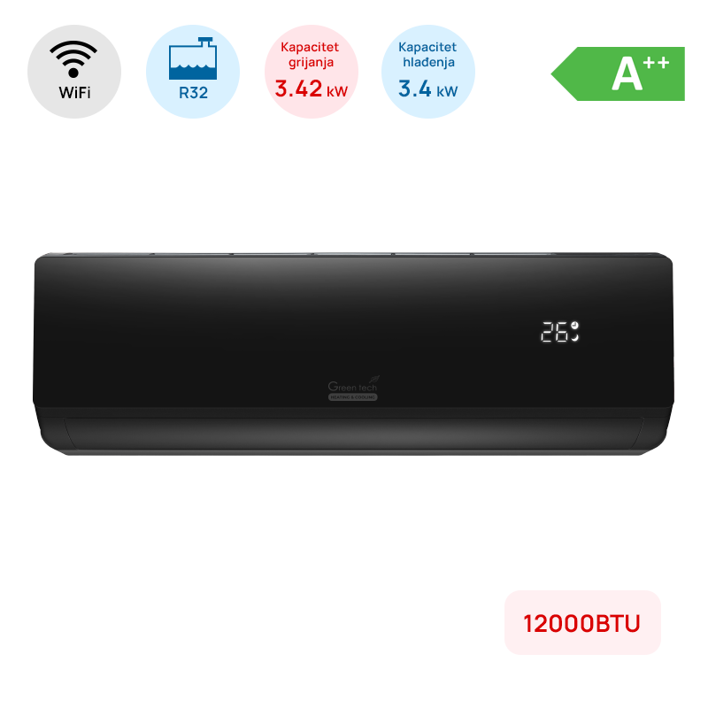 AKCIJA 10% Klima Green Tech 12000BTU, 3.4kW, A++, R32, -15°C ~ 53°C, WiFi, crna